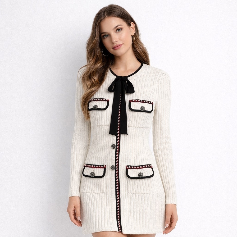 Self-Portrait Ivory Lurex Ribbed Knit Mini Dress US2 UK6 Black Trim Bow Slim Fit
